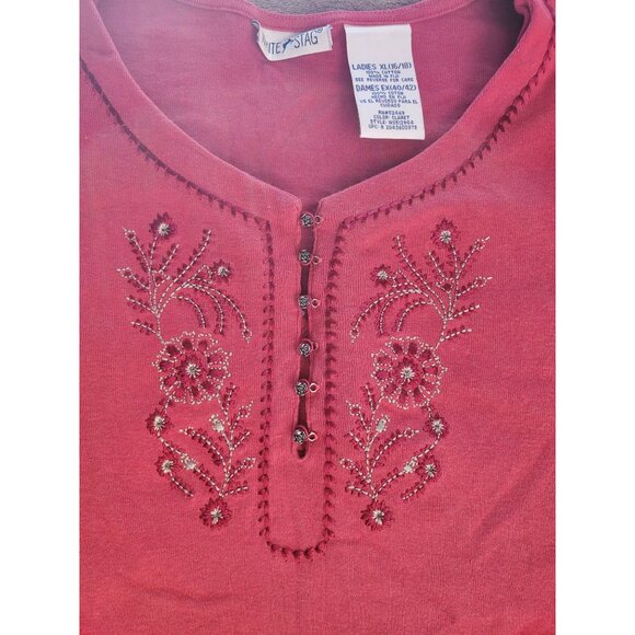White Stag Claret Short Sleeve Top 100% Cotton Embroidered Women XL Shrunk Distr - Picture 8 of 11